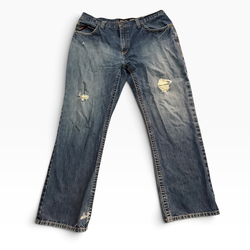 Ariat M4 Relaxed Boot Work Pants Mens 38x32 Blue FR Distressed Denim 10012555